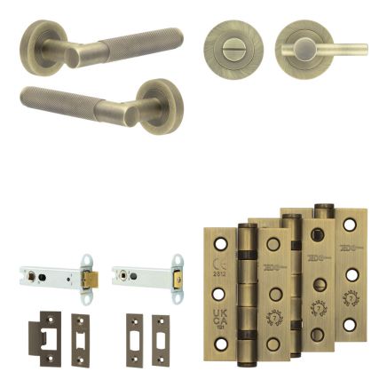 Complete Bari Door Handle Pack - Heavy Duty Tubular Bathroom (Plain Thumb Turn) - Antique Brass - 102mm / 3-inch Hinges - JE-D32B2-AB