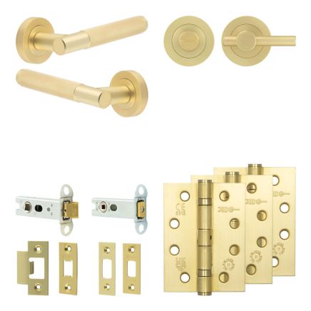 Complete Bari Door Handle Pack - Heavy Duty Tubular Bathroom (Plain Thumb Turn) - Satin Brass - 76mm / 4-inch Hinges - JE-D31A2-SB