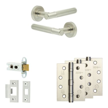 Complete Venice Door Handle Pack - Heavy Duty Latch - Satin Nickel - 64mm / 4-inch Hinges - JE-F20A-SN