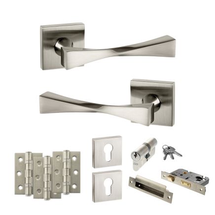 Senza Pari Guido Door Handle Pack (Euro Lock Set - 2.5" CE Sashlock, 3" Fire Rated Hinges x3) - Satin Nickel
