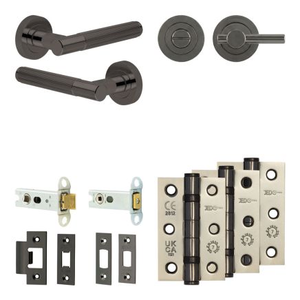 Complete Venice Door Handle Pack - Heavy Duty Tubular Bathroom (Plain Thumb Turn) - Black Nickel - 76mm / 3-inch Hinges - JE-F31B2-BN