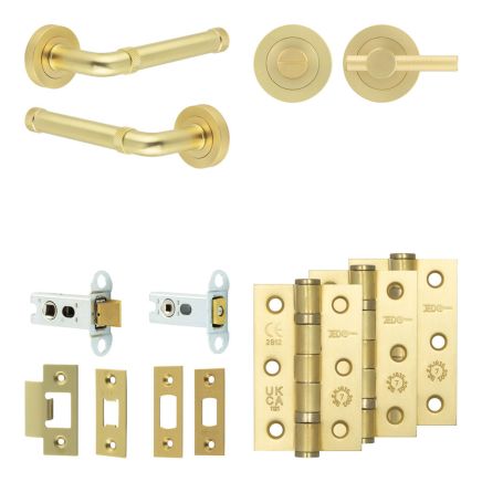 Complete Midtown Door Handle Pack - Heavy Duty Tubular Bathroom (Knurled Thumb Turn) - Satin Brass - 64mm / 3-inch Hinges - JE-G30B1-SB