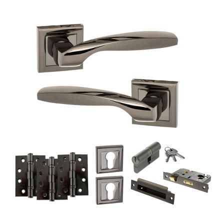 STATUS Oklahoma Door Handle Pack (Euro Lock Set - 3" CE Sashlock, 4" Fire Rated Hinges x3) - Black Nickel