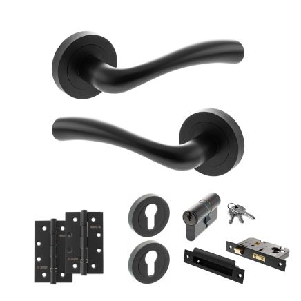 STATUS Texas Door Handle Pack (Euro Lock Set - 3" CE Sashlock, 4" Slim Knuckle Hinges x2) - Matt Black