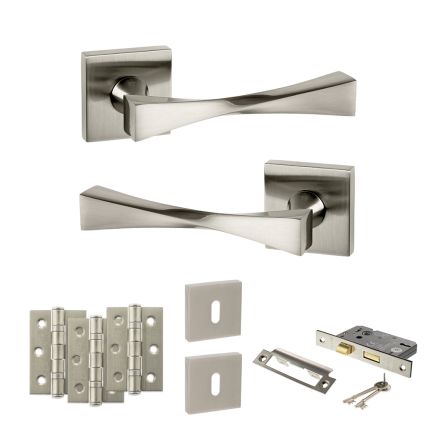 Senza Pari Guido Door Handle Pack (3 Lever Lock Set - 2.5" CE Sashlock, 3" Fire Rated Hinges x3) - Satin Nickel