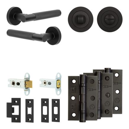 Complete Bari Door Handle Pack - Heavy Duty Tubular Bathroom (Standard Thumb Turn) - Matt Black - 64mm / 3-inch Hinges - JE-D30B3-MB