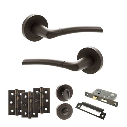 STATUS Indiana Door Handle Pack (Bathroom Set - 2.5" CE Bathroom Lock, 3" Fire Rated Hinges x3) - Urban Dark Bronze
