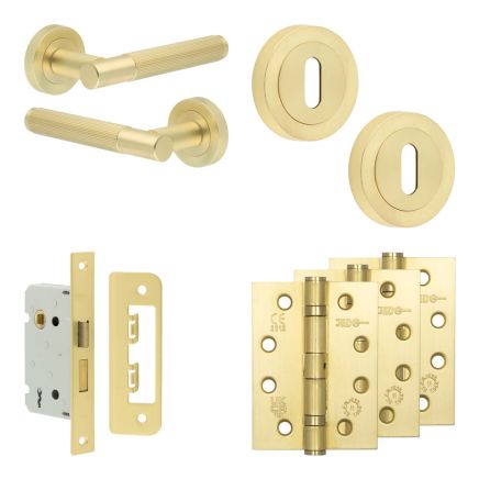 Complete Venice Door Handle Pack - Sashlock - Satin Brass - 65mm / 4-inch Hinges - JE-F7A8-SB