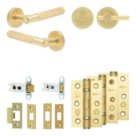 Complete Bari Door Handle Pack - Heavy Duty Tubular Bathroom (Knurled Thumb Turn) - Satin Brass - 64mm / 3-inch Hinges - JE-D30B1-SB