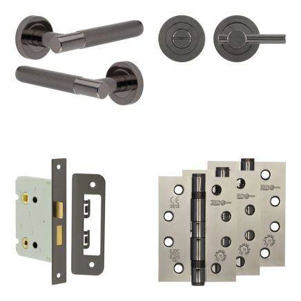 Complete Bari Door Handle Pack - Bathroom Lock (Plain Thumb Turn) - Black Nickel - 76mm / 4-inch Hinges - JE-D6A2-BN