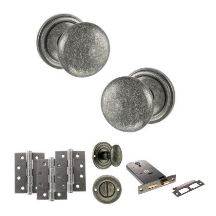 Old English Harrogate Door Knob Pack (Lock Set - Horizontal Bathlock, 3" Fire Rated Hinges x3) - Distressed Silver