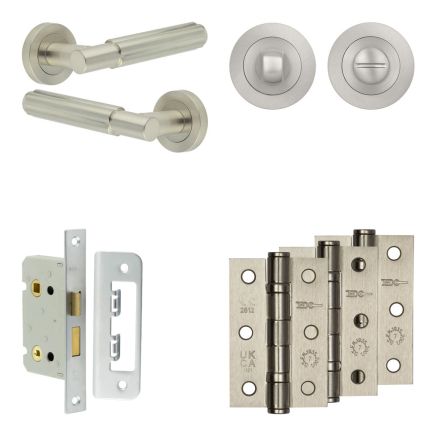 Complete Bloom Door Handle Pack - Bathroom Lock (Standard Thumb Turn) - Satin Nickel - 65mm / 3-inch Hinges - JE-B5B3-SN