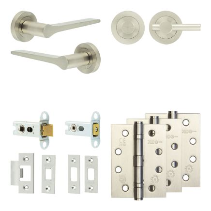 Complete Gio Door Handle Pack - Heavy Duty Tubular Bathroom (Plain Thumb Turn) - Satin Nickel - 64mm / 4-inch Hinges - JE-E30A2-SN