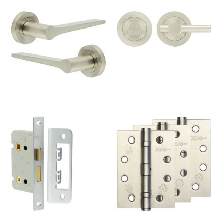 Complete Gio Door Handle Pack - Bathroom Lock (Plain Thumb Turn) - Satin Nickel - 65mm / 4-inch Hinges - JE-E5A2-SN