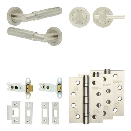 Complete Bloom Door Handle Pack - Heavy Duty Tubular Bathroom (Plain Thumb Turn) - Satin Nickel - 76mm / 4-inch Hinges - JE-B31A2-SN