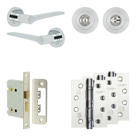 Complete Gio Door Handle Pack - Bathroom Lock (Standard Thumb Turn) - Polished Chrome - 76mm / 4-inch Hinges - JE-E6A3-PC