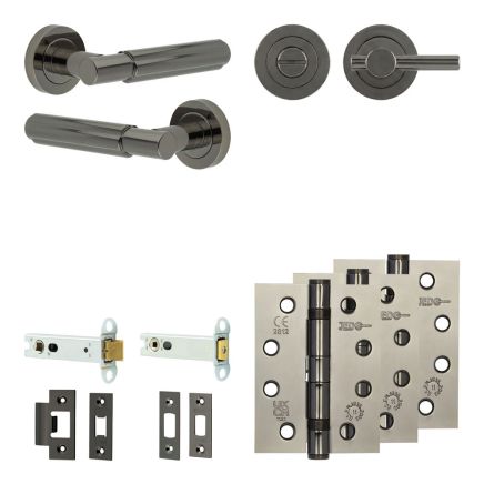 Complete Bloom Door Handle Pack - Heavy Duty Tubular Bathroom (Plain Thumb Turn) - Black Nickel - 102mm / 4-inch Hinges - JE-B32A2-BN