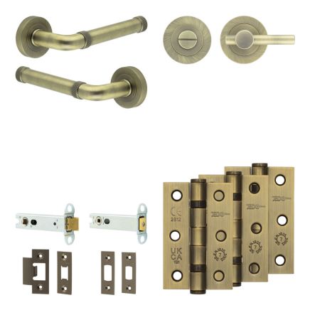 Complete Midtown Door Handle Pack - Heavy Duty Tubular Bathroom (Plain Thumb Turn) - Antique Brass - 102mm / 3-inch Hinges - JE-G32B2-AB