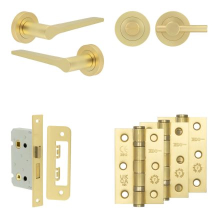 Complete Gio Door Handle Pack - Bathroom Lock (Plain Thumb Turn) - Satin Brass - 65mm / 3-inch Hinges - JE-E5B2-SB