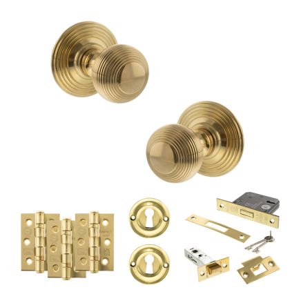 Old English Ripon Door Knob Pack (Lock Set - 3" Latch & Deadlock, 3" Fire Rated Hinges x3) - Raw Brass