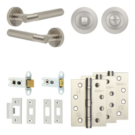 Complete Bari Door Handle Pack - Heavy Duty Tubular Bathroom (Standard Thumb Turn) - Satin Nickel - 64mm / 4-inch Hinges - JE-D30A3-SN