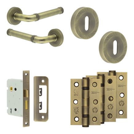 Complete Midtown Door Handle Pack - Sashlock - Antique Brass - 76mm / 3-inch Hinges - JE-G8B8-AB