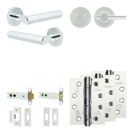 Complete Hex Door Handle Pack - Heavy Duty Tubular Bathroom (Plain Thumb Turn) - Polished Chrome - 102mm / 4-inch Hinges - JE-C32A2-PC