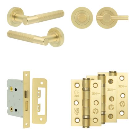 Complete Venice Door Handle Pack - Bathroom Lock (Plain Thumb Turn) - Satin Brass - 76mm / 3-inch Hinges - JE-F6B2-SB
