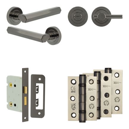 Complete Hex Door Handle Pack - Bathroom Lock (Plain Thumb Turn) - Black Nickel - 76mm / 3-inch Hinges - JE-C6B2-BN