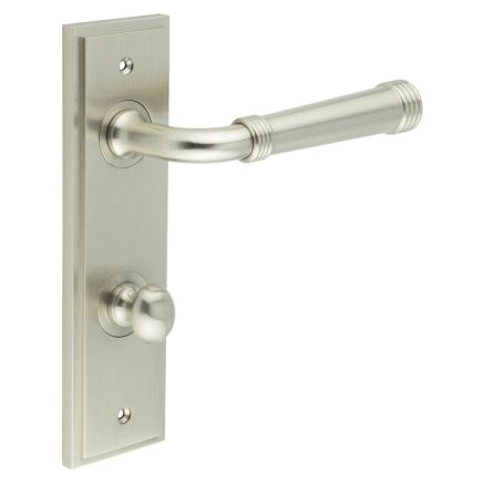 Highgate Door Handle Din Bathroom Backplate Satin Nickel & Turn & Release - By Frelan Hardware - BUR-35SN-456SN-80SN