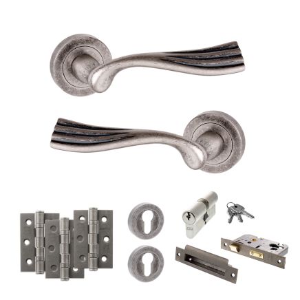 Old English Richmond Door Handle Pack (Euro Lock Set - 2.5" CE Sashlock, 3" Fire Rated Hinges x3) - Distressed Silver