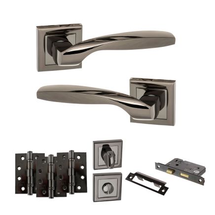 STATUS Oklahoma Door Handle Pack (Bathroom Set - 2.5" CE Bathroom Lock, 4" Fire Rated Hinges x3) - Black Nickel