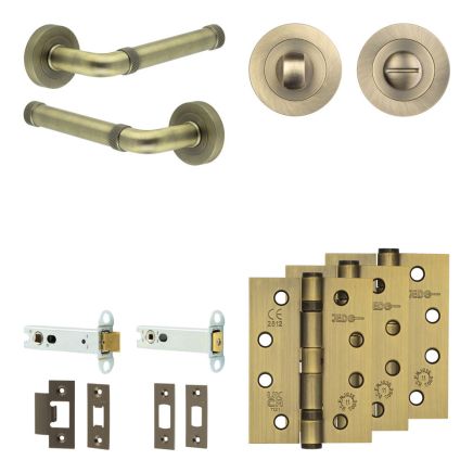 Complete Midtown Door Handle Pack - Heavy Duty Tubular Bathroom (Standard Thumb Turn) - Antique Brass - 102mm / 4-inch Hinges - JE-G32A3-AB