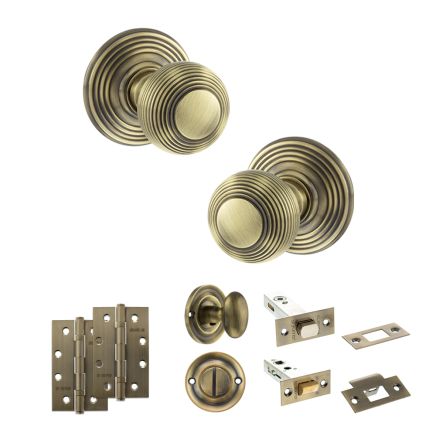 Old English Ripon Door Knob Pack (Bathroom Set - 3" Deadbolt, 4" Slim Knuckle Hinges x2) - Antique Brass