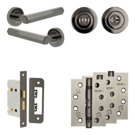 Complete Hex Door Handle Pack - Bathroom Lock (Standard Thumb Turn) - Black Nickel - 65mm / 4-inch Hinges - JE-C5A3-BN