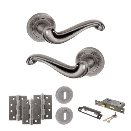 Old English Colchester Door Handle Pack (3 Lever Lock Set - 3" CE Sashlock, 4" Fire Rated Hinges x3) - Distressed Silver