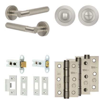 Complete Bari Door Handle Pack - Heavy Duty Tubular Bathroom (Standard Thumb Turn) - Satin Nickel - 64mm / 3-inch Hinges - JE-D30B3-SN