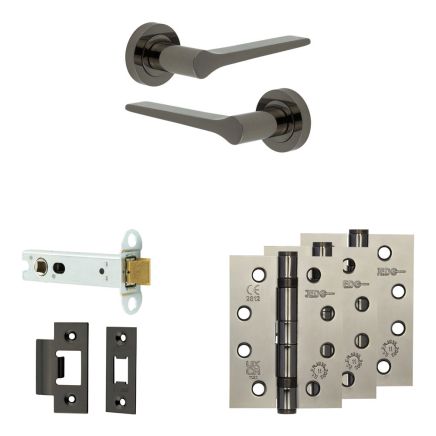 Complete Gio Door Handle Pack - Heavy Duty Latch - Black Nickel - 102mm / 4-inch Hinges - JE-E22A-BN