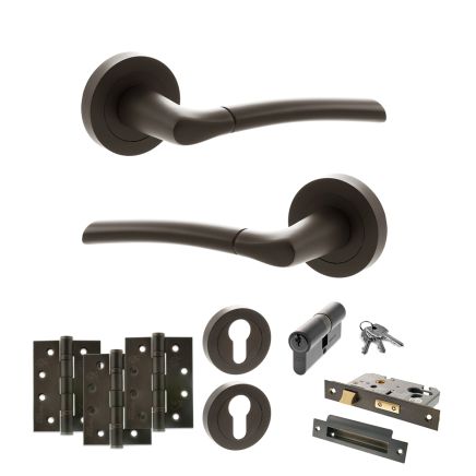 STATUS Indiana Door Handle Pack (Euro Lock Set - 2.5" CE Sashlock, 4" Fire Rated Hinges x3) - Urban Dark Bronze