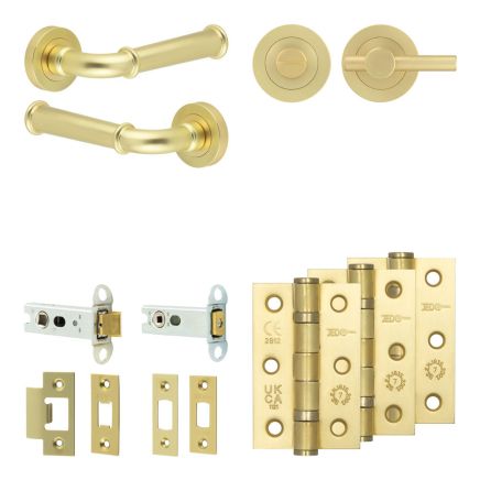 Complete Classic Door Handle Pack - Heavy Duty Tubular Bathroom (Plain Thumb Turn) - Satin Brass - 76mm / 3-inch Hinges - JE-A31B2-SB