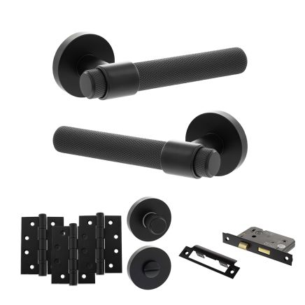 Senza Pari Andretta Door Handle Pack (Bathroom Set - 2.5" CE Bathroom Lock, 4" Fire Rated Hinges x3) - Matt Black