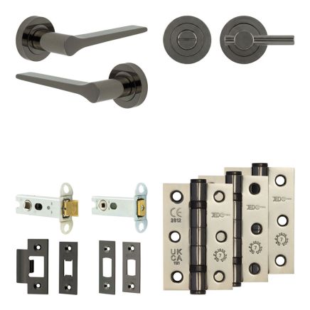 Complete Gio Door Handle Pack - Heavy Duty Tubular Bathroom (Plain Thumb Turn) - Black Nickel - 76mm / 3-inch Hinges - JE-E31B2-BN