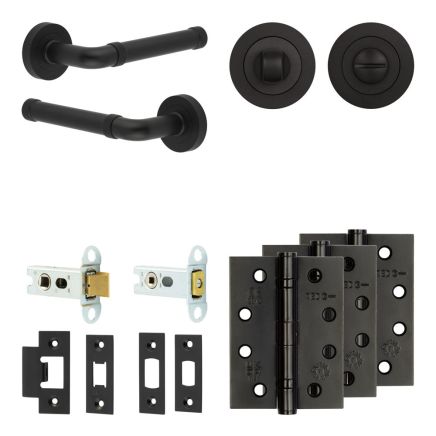 Complete Midtown Door Handle Pack - Heavy Duty Tubular Bathroom (Standard Thumb Turn) - Matt Black - 64mm / 4-inch Hinges - JE-G30A3-MB