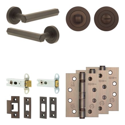 Complete Hex Door Handle Pack - Heavy Duty Tubular Bathroom (Standard Thumb Turn) - Dark Bronze - 76mm / 4-inch Hinges - JE-C31A3-DB