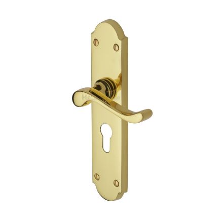 Heritage Brass Door Handle for Euro Profile Plate Savoy Long Design Polished Brass finish