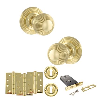 Old English Ripon Door Knob Pack (Lock Set - Horizontal Sashlock, 4" Fire Rated Hinges x3) - Polished Brass