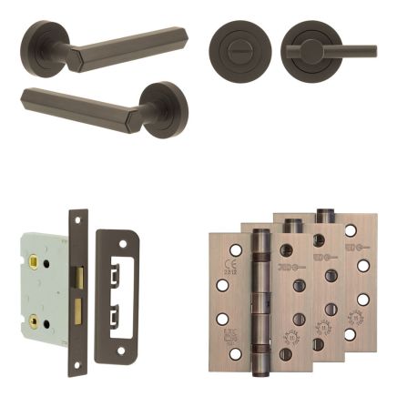 Complete Hex Door Handle Pack - Bathroom Lock (Plain Thumb Turn) - Dark Bronze - 76mm / 4-inch Hinges - JE-C6A2-DB
