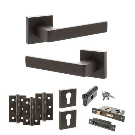 STATUS Montana Door Handle Pack (Euro Lock Set - 2.5" CE Sashlock, 3" Fire Rated Hinges x3) - Urban Dark Bronze