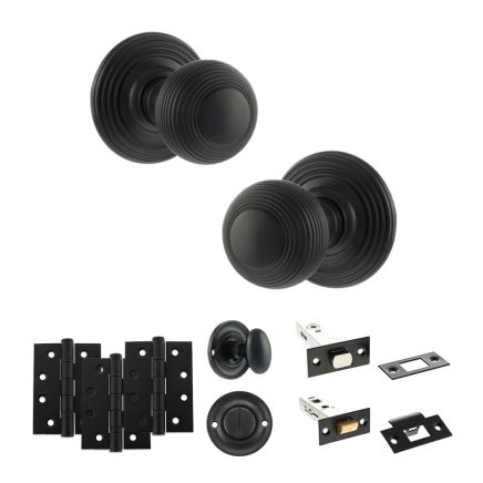 Old English Ripon Door Knob Pack (Bathroom Set - 4" Deadbolt, 4" Fire Rated Hinges x3) - Matt Black