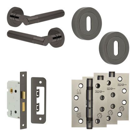 Complete Venice Door Handle Pack - Sashlock - Black Nickel - 65mm / 4-inch Hinges - JE-F7A8-BN
